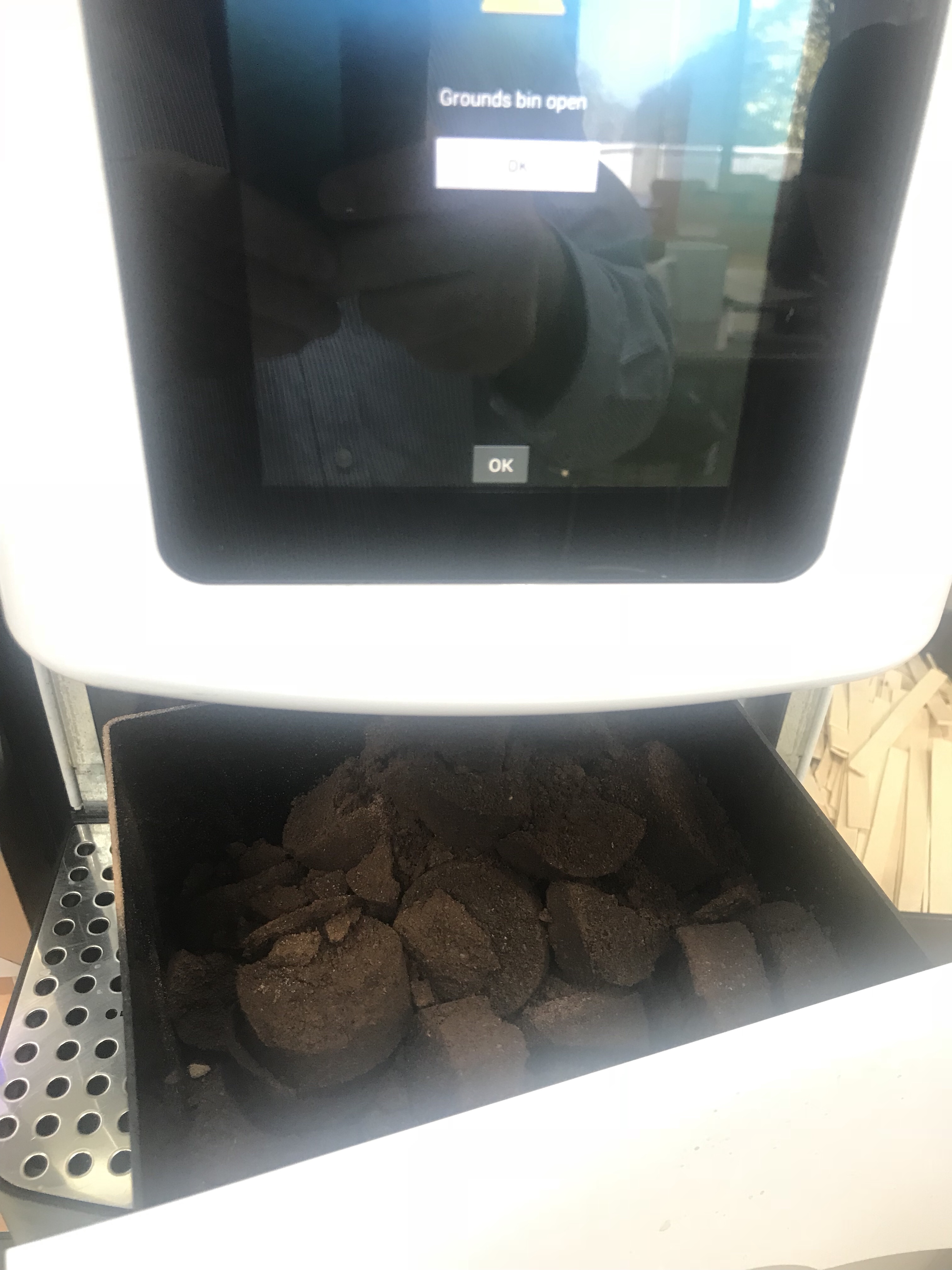 Coffee grounds in a container ready for garden use, February 2018